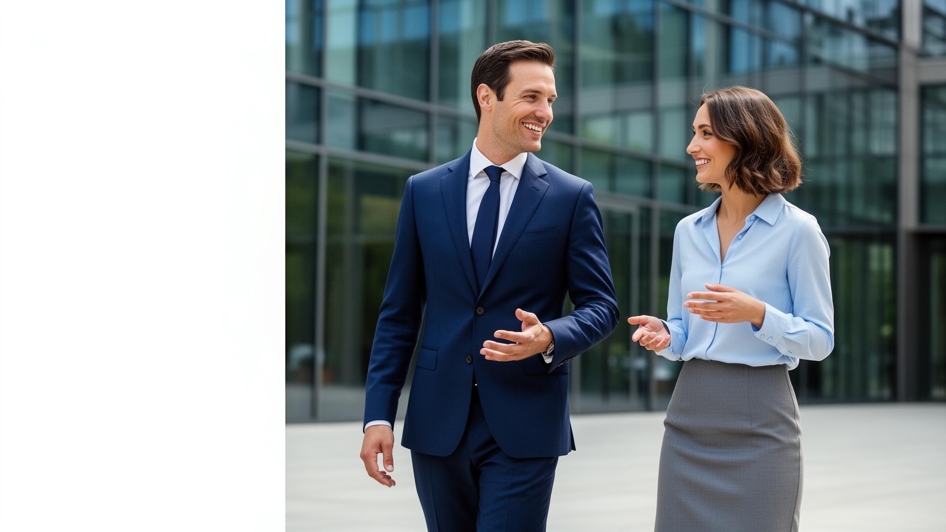 An executive walking with her personal assistant